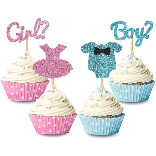 4 PCS Cupcake Topper Set - Boy or Girl Metallic | Baby Gender Surprise